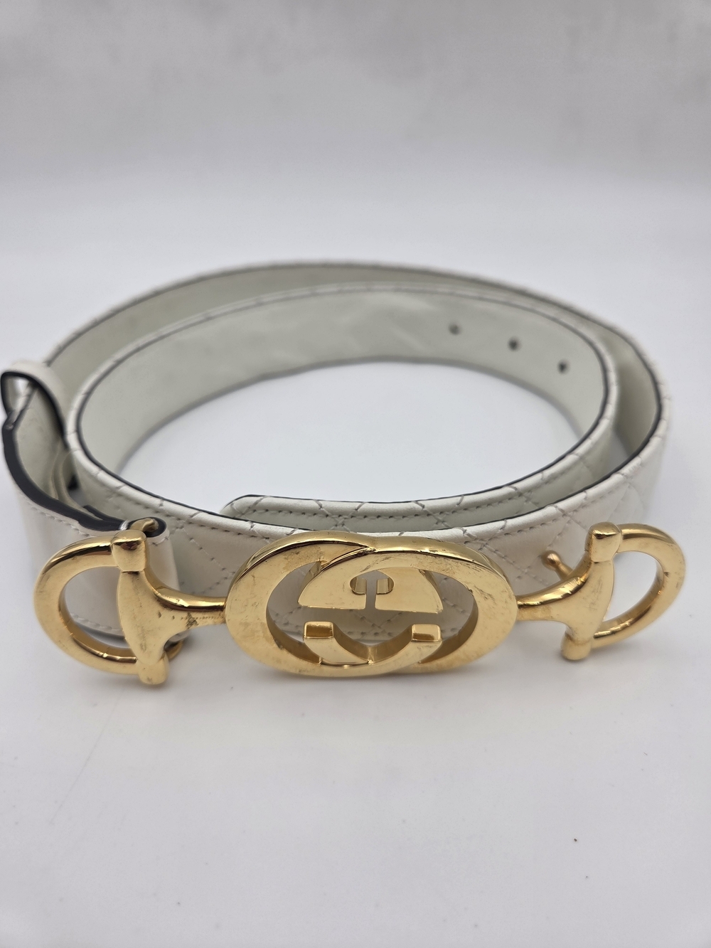 Gucci White Leather Belt with Gold Interlocking Buckle